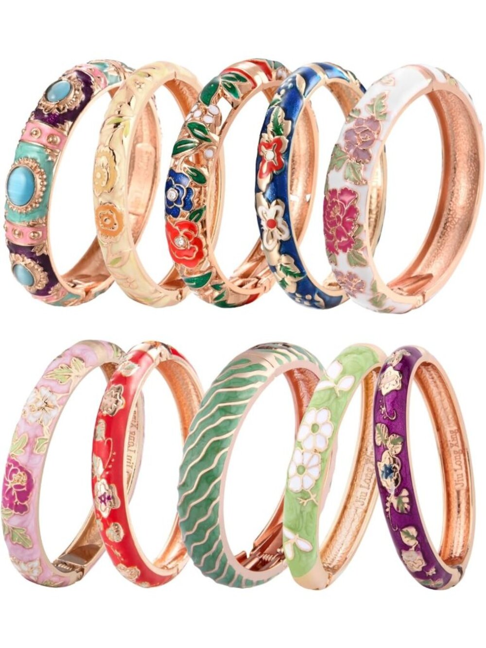 Vibrant Enamel Jewelry Set - 10 PCS Flower Engraved Cloisonne Bracelets in Box